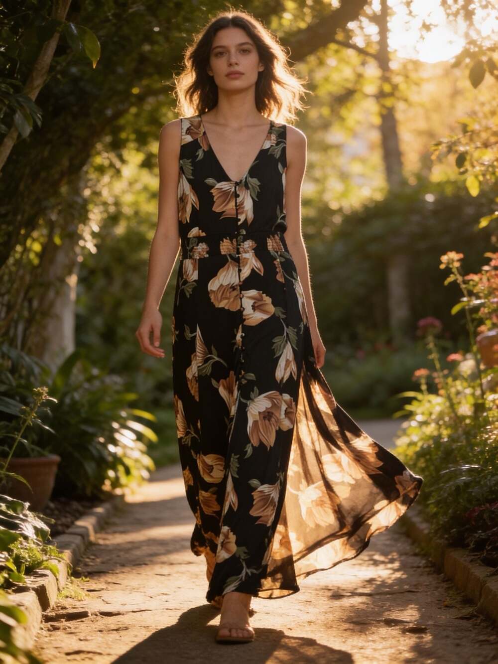 Always Indigo Sleeveless Black Floral Maxi Dress with Button-Down Front and Smoc